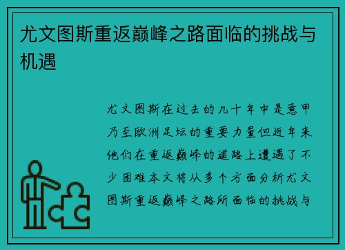 尤文图斯重返巅峰之路面临的挑战与机遇